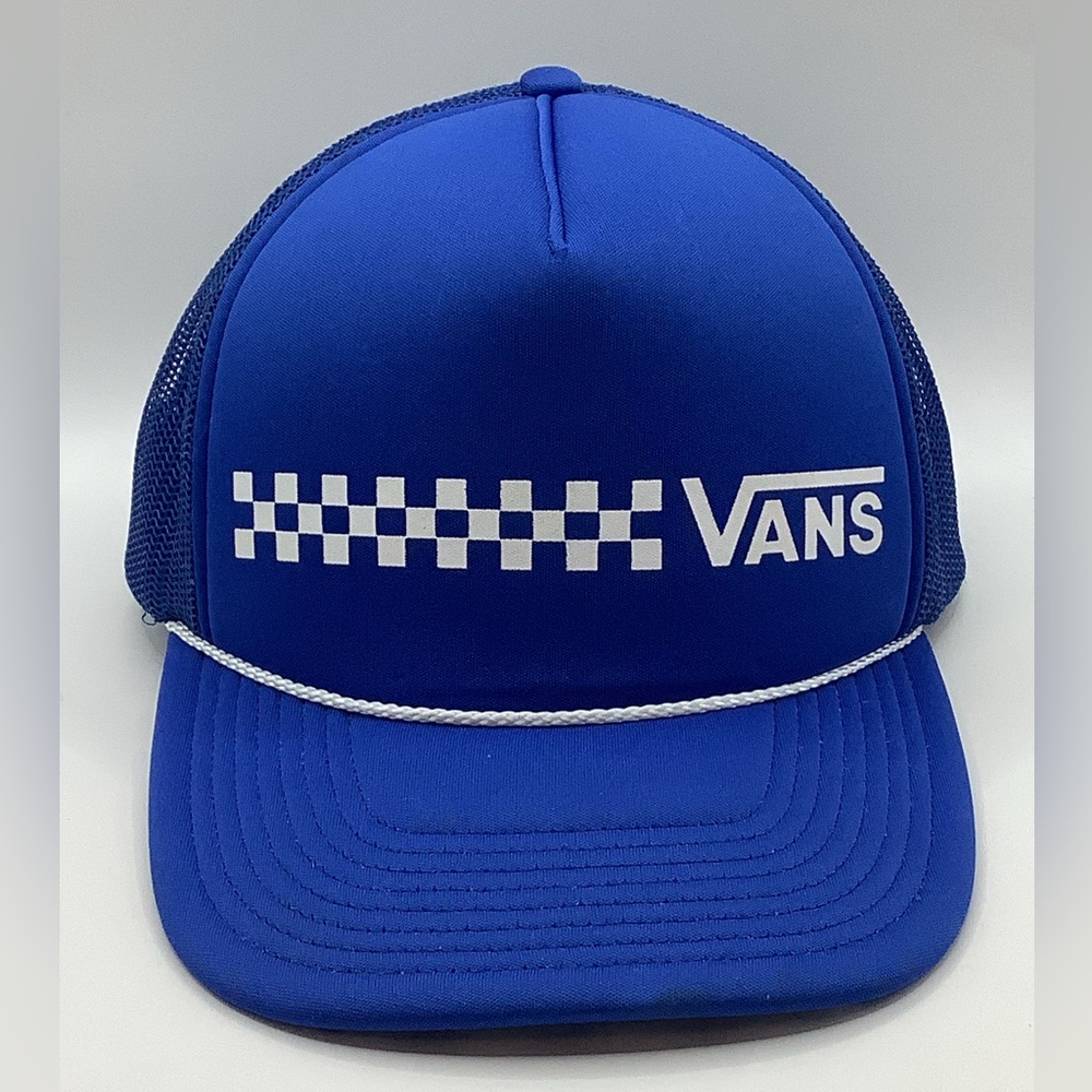 VANS Mens Hat Blue Snapback Trucker Rope Brim Mesh White Checkered Otto Cap EUC